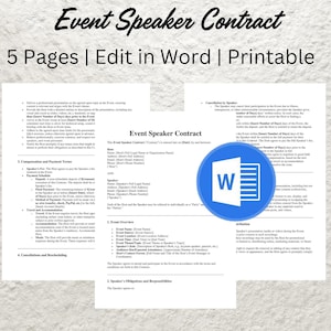 Puede incluir: Un documento de Word azul y blanco con el título "Event Speaker Contract" y un logotipo de Word azul. El documento es una plantilla de contrato para contratar a un orador para un evento.