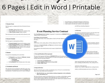 May include: A blue and white Microsoft Word icon with the text "Event Planning Service Contract" in a white box. The text "6 Pages | Edit in Word | Printable" is at the top of the page. The contract includes sections for payment terms, payment schedule, retainer, termination and breach, term and duration of the agreement, scope of services, and more.