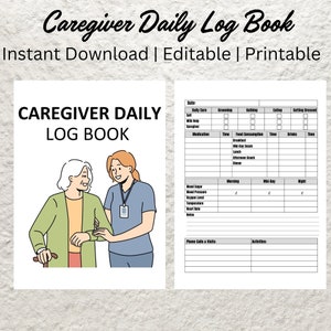 Puede incluir: Un libro de registro diario para cuidadores, imprimible, con una ilustración de dibujos animados de un cuidador ayudando a una persona mayor a caminar. El libro de registro incluye secciones para el cuidado diario, la medicación, el consumo de alimentos, los signos vitales, las llamadas telefónicas y las visitas, y las actividades.