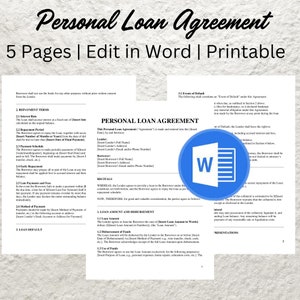 Sjabloon voor persoonlijke leningovereenkomst Bewerkbaar contract voor persoonlijke lening Afdrukbare leningsovereenkomst Formulier schuldbekentenis voor persoonlijke lening Promissory Note Contract