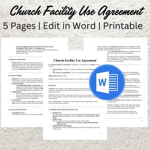 Contrato de uso de instalaciones de la iglesia. Modelo editable. Contrato de alquiler de instalaciones de la iglesia para eventos, bodas y reuniones. Contrato de uso de instalaciones de la iglesia imprimible.