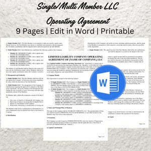 May include: A document titled "Single/Multi Member LLC Operating Agreement" with a blue and white background. The document is a legal template for forming a limited liability company (LLC).
