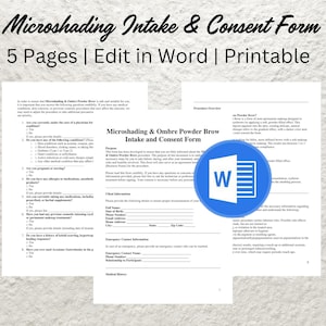 Puede incluir: Un formulario de admisión y consentimiento para Microshading & Ombre Powder Brow con un logotipo de Word azul. El formulario incluye secciones para la información del cliente, la información de contacto de emergencia y el historial médico. El formulario está diseñado para ser utilizado por profesionales que realizan procedimientos de microshading y ombre powder brow.