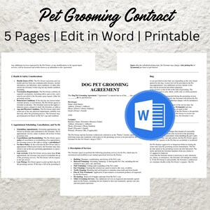 Dog Grooming Contract Template Editable Pet Grooming Service Agreement Printable Client Intake Form for Groomers - PDF