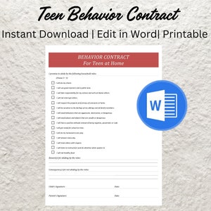 Teen Behavior Contract Template Printable Behavior Contract for Teenagers Behavior Management Agreement Student Behavior Contract Word PDF
