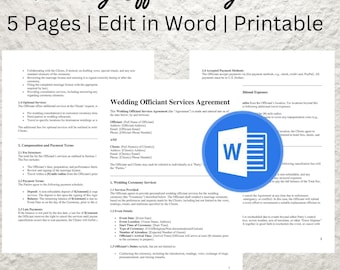 Plantilla de contrato de oficiante de bodas: Acuerdo de servicios editable (formato Word, descarga digital)