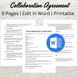 May include: A collaboration agreement legal document template in a Microsoft Word format. The document is titled "Collaboration Agreement" and is ready to be edited and printed.