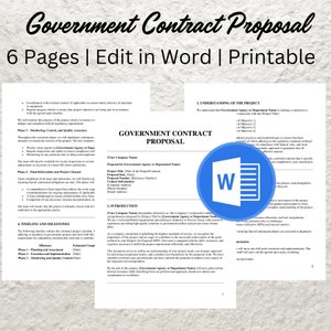 Op de afbeelding: Een blauw en wit Microsoft Word-pictogram met de tekst "Government Contract Proposal" in vetgedrukte, witte letters. De tekst "6 Pages | Edit in Word | Printable" staat onder de titel. Het document is een sjabloon voor een overheidscontractvoorstel.
