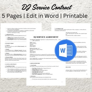 DJ Service Contract Template Editable Agreement Printable Wedding DJ Contract Event Dj and Business Agreement Form - PDF
