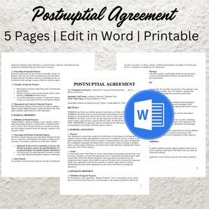 May include: A legal document titled "Postnuptial Agreement" with a blue Microsoft Word icon in the bottom right corner. The document outlines the legal terms and conditions for a couple's finances and property in the event of a separation or divorce.