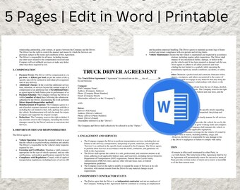以下が含まれることがあります： Word ドキュメント形式のトラックドライバー契約書テンプレート。ドキュメントのタイトルは「トラックドライバー契約書」で、右下隅に青い Word アイコンがあります。契約はトラックドライバーと会社の間のもので、報酬、ドライバーの義務と責任、契約とサービス、独立請負人のステータスに関するセクションが含まれています。
