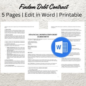 May include: A legal document titled "Findom Debt Contract" with a blue and white Microsoft Word icon superimposed on the text. The document is a financial domination debt agreement, outlining the terms and conditions of a financial relationship between a Creditor and a Debtor.
