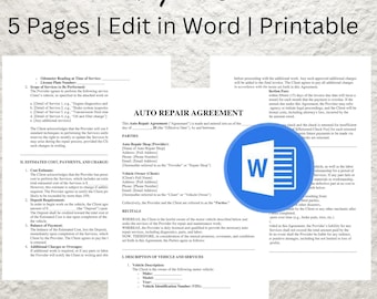 Auto Repair Service Agreement Template: Editable Mechanic Contract (Word)