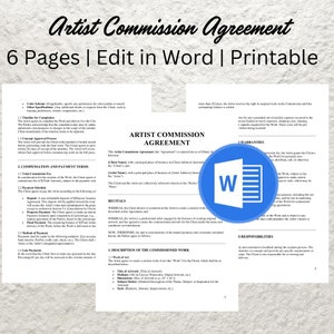 May include: Artist Commission Agreement document, 6 pages, editable in Word, and printable. The document includes sections on compensation, payment terms, and responsibilities. A blue Microsoft Word icon is visible.