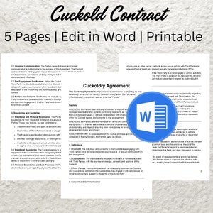 Puede incluir: Un documento imprimible titulado "Cuckold Contract" con el texto "5 Pages | Edit in Word | Printable." El documento incluye un icono azul de Microsoft Word y texto detallado sobre acuerdos y límites.