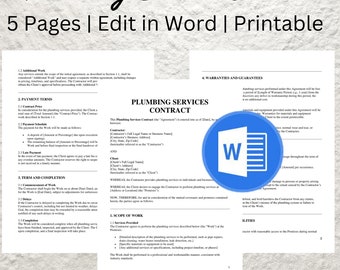 Plumbing Contract Template Editable Service Agreement Printable Professional Plumbing Contractor and Business Form - PDF