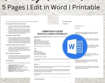 Może przedstawiać: Drukowany szablon umowy na instalację świątecznych świateł w dokumencie Microsoft Word. Dokument zawiera sekcje dotyczące zakresu usług, warunków płatności i szczegółów wydarzenia. Dokument został zaprojektowany do użytku przez dostawcę usług, który instaluje i demontuje świąteczne oświetlenie.