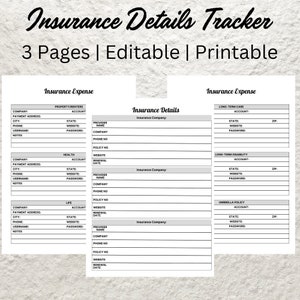 Insurance Details Information Tracker Planner Printable Insurance Policy Provider Tracker Template Health Personal Life Insurance Contacts