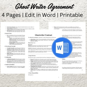 Könnte beinhalten: Ein blaues und weißes Word-Dokument-Symbol mit dem Text "Ghostwriter Contract" in einem weißen Feld. Das Dokument trägt den Titel "Ghostwriter Contract" und enthält Abschnitte für "Leistungsumfang", "Verantwortlichkeiten des Kunden" und "Verantwortlichkeiten des Ghostwriters".