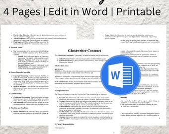 Ghost Writer Contract Template Editable Writing Contract Printable Freelance Ghostwriting Service Agreement Form - PDF