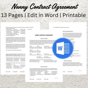 編集可能なナニー契約書テンプレート、印刷可能なナニーサービスワークシート契約、チャイルドケアベビーシッターサービス契約、ナニー請求書フォーム