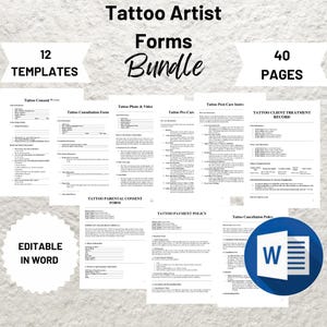 May include: A digital download of 12 tattoo artist forms in a bundle. The forms are editable in Microsoft Word and include a tattoo consent form, tattoo consultation form, tattoo photo and video form, tattoo pre-care form, tattoo post-care instructions, tattoo client treatment record, tattoo parental consent form, tattoo payment policy, and tattoo cancellation policy. The bundle includes 40 pages.