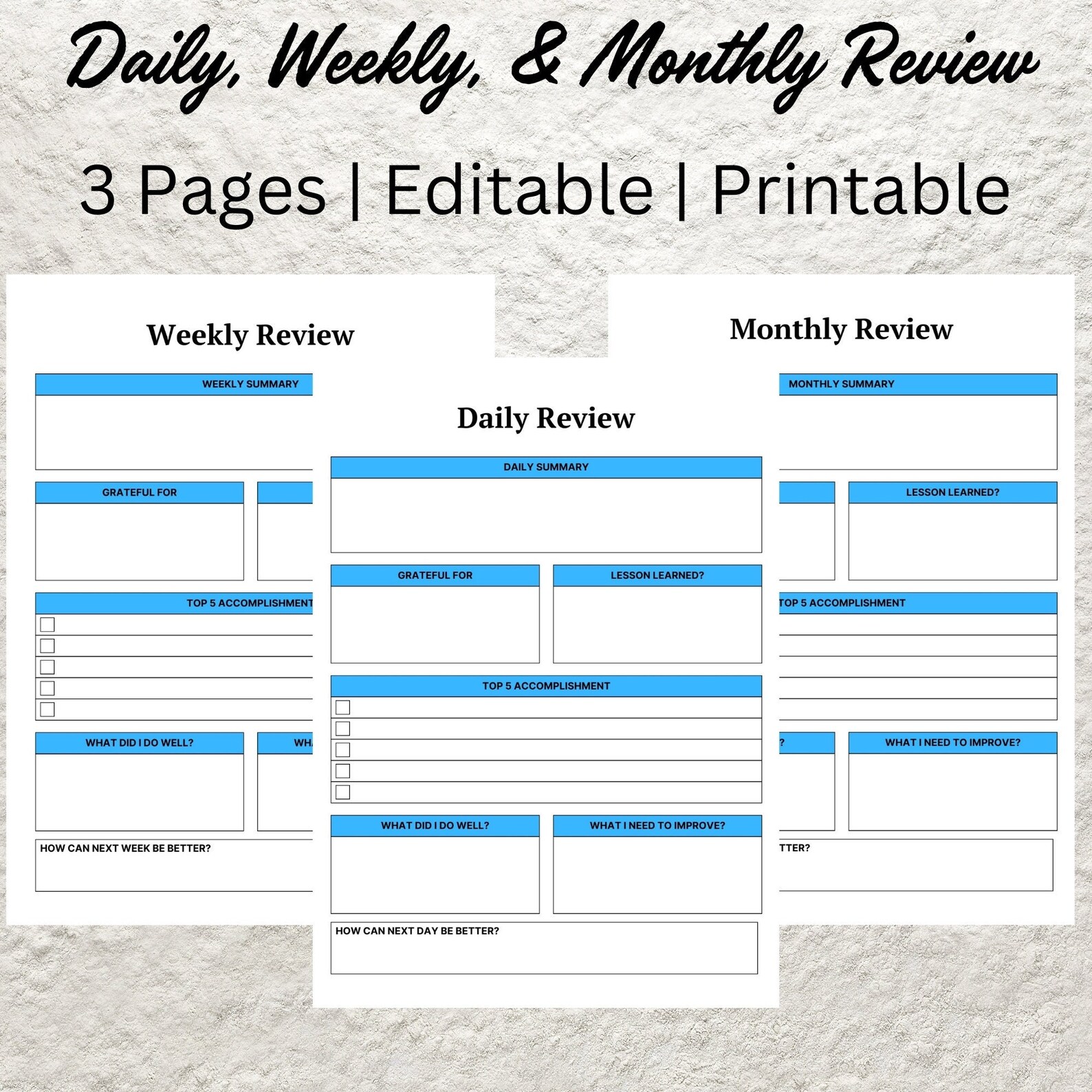 Daily Weekly Monthly Review Template Printable Daily Reflection Weekly ...