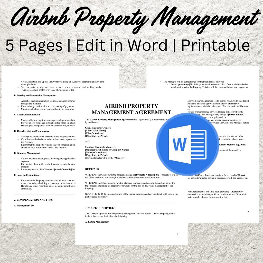 Airbnb Property Management Contract Template Editable Short Term Rental Airbnb Property Management Contract Template Editable Short Term Rental