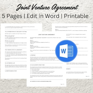 May include: A printable joint venture agreement template in a Word document format. The document is titled "Joint Venture Agreement" and includes sections for contributions, termination, governing law, and dispute resolution.