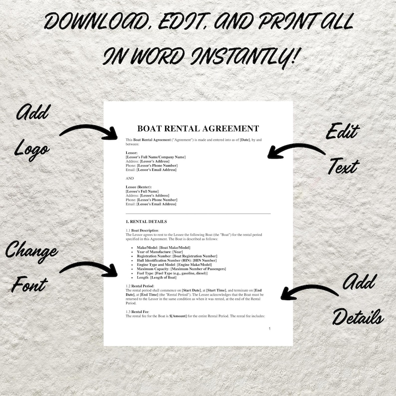 Editable Boat Rental Agreement Template (word & Printable) Etsy