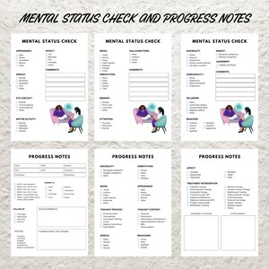 May include: A printable mental health progress notes and mental status check template. The template features three sections: mental status check, progress notes, and a section for treatment interventions. The template is designed to be used by mental health professionals to track patient progress and document mental status.