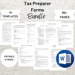 May include: A bundle of 10 editable tax preparer forms in a Microsoft Word document. The forms are designed to help tax preparers gather information from clients and prepare tax returns. The bundle includes forms for personal information, tax intake, due diligence, child care credit, and head of household. The forms are available in a bundle of 35+ pages.