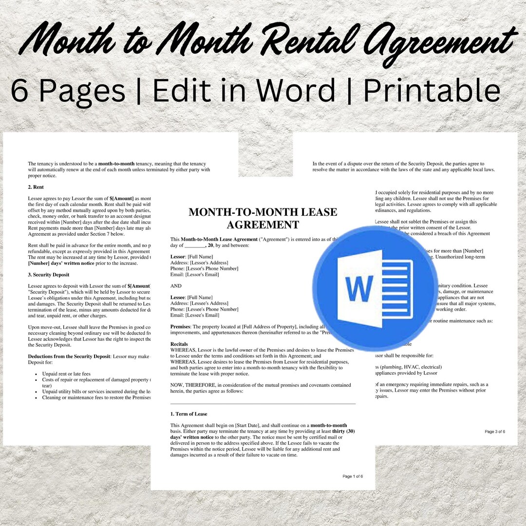 Month-to-month Rental Agreement Template: Editable Landlord Lease (word ...