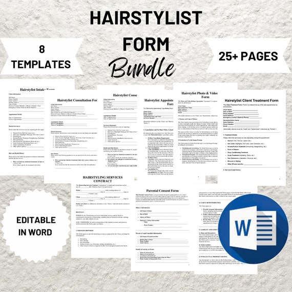 Hairdressing Forms - Hair Consent and Consultation Forms, Hair Agreement, New Client Form, Stylist Form, Salon Form