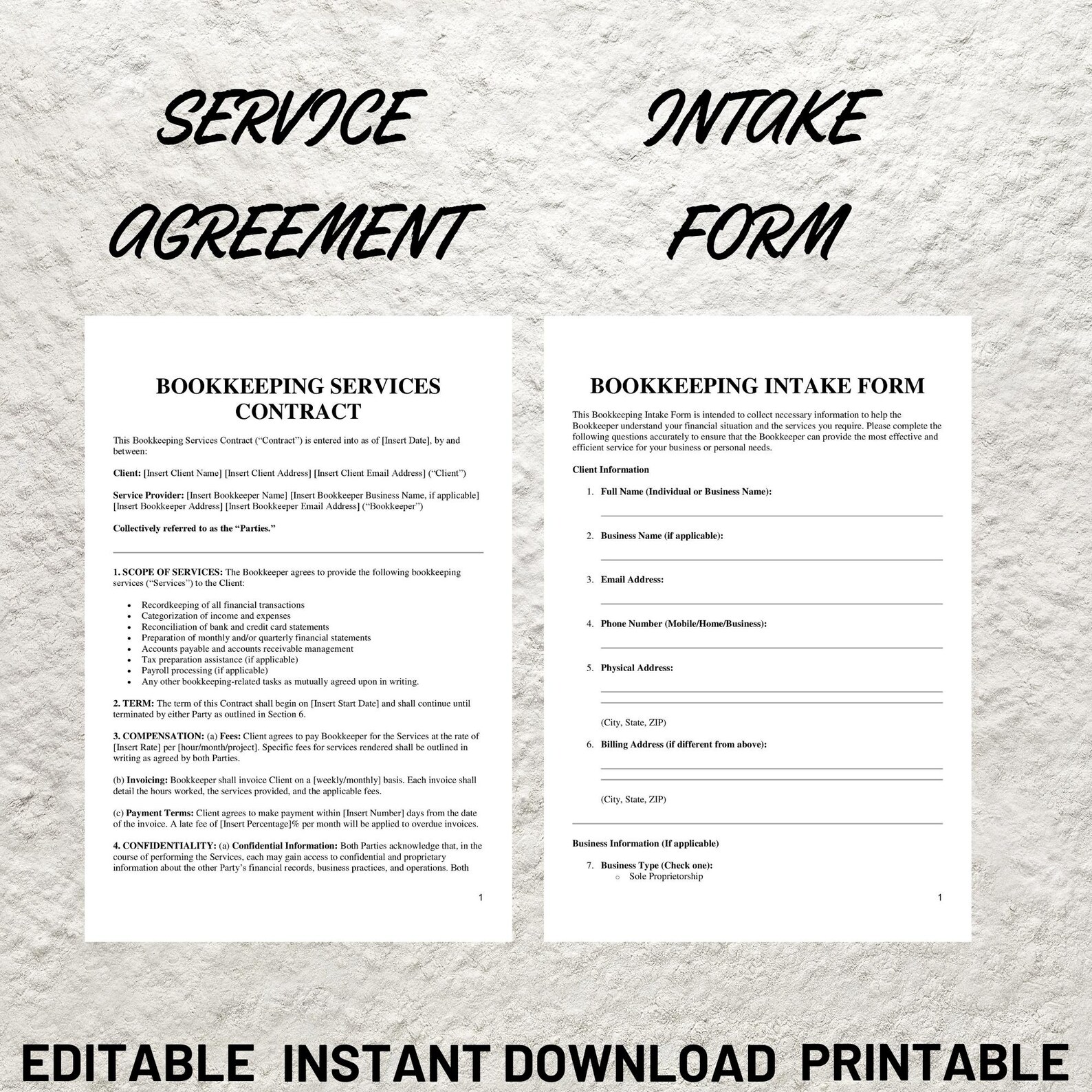 Bookkeeping Service Contract, Freelance Bookkeeper Client Intake Form ...