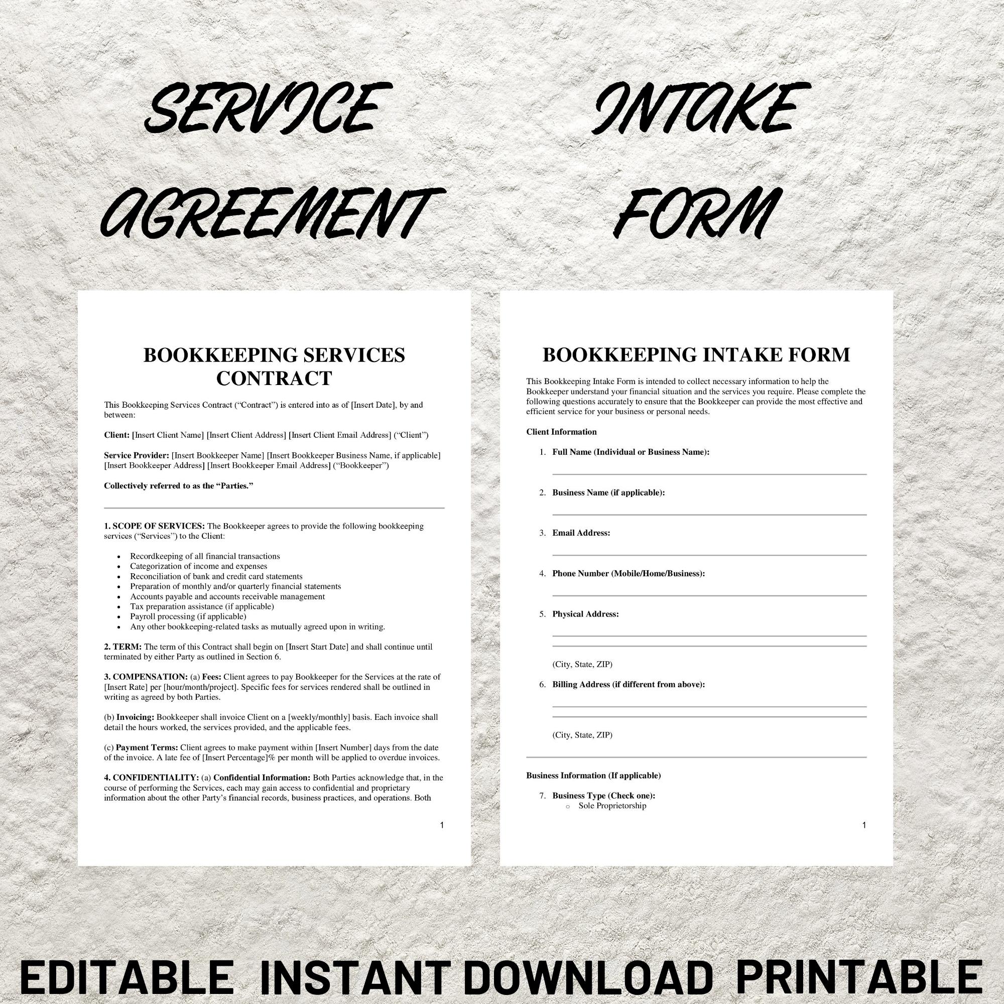 Bookkeeping Service Contract, Freelance Bookkeeper Client Intake Form ...