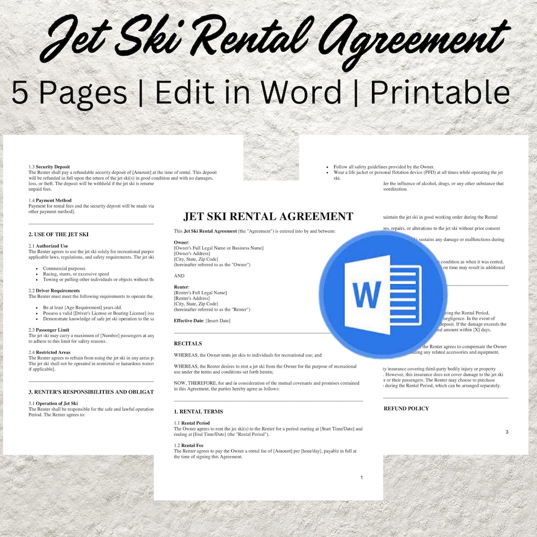 Jet Ski Rental Agreement Template Editable Rental Contract Printable ...