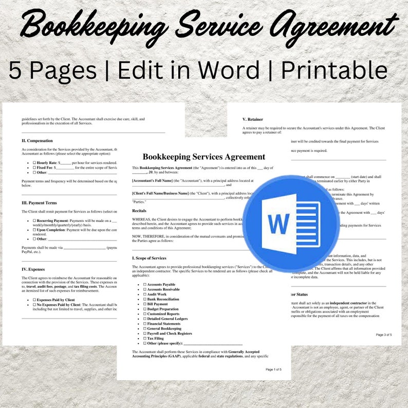 Bookkeeping Contract Template Editable Bookkeeping Service Agreement ...