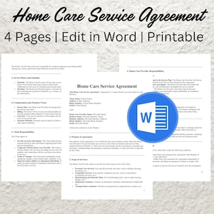 Pode incluir: Um ícone de documento do Microsoft Word azul e branco com a letra "W" no centro. O documento é intitulado "Home Care Service Agreement" e é um modelo imprimível para um contrato de serviço de cuidados domiciliários. O documento está disponível para download e edição no Microsoft Word.