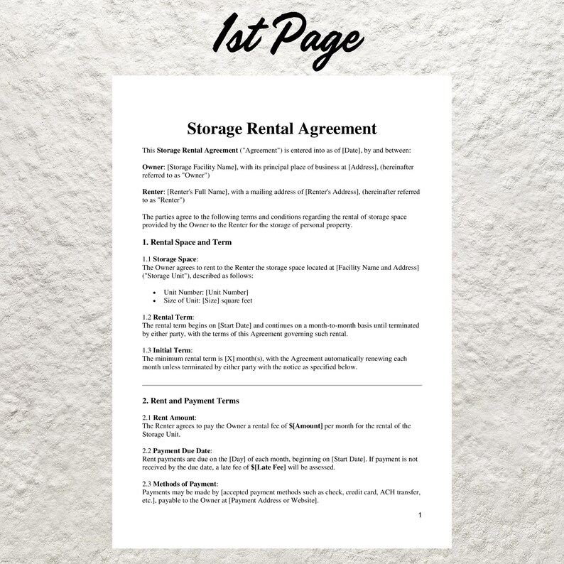 Storage Rental Proposal Template Editable Storage Rental Agreement Template: Printable Storage Space ...