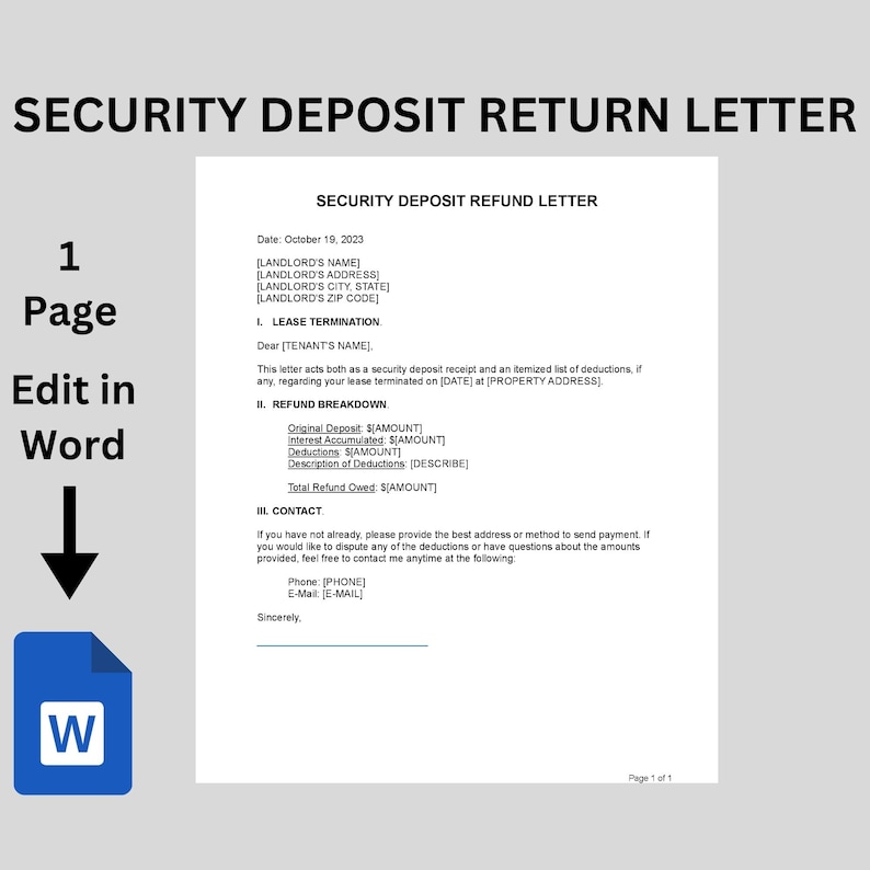 Security Deposit Return Refund Letter Form Template Landlord Rental
