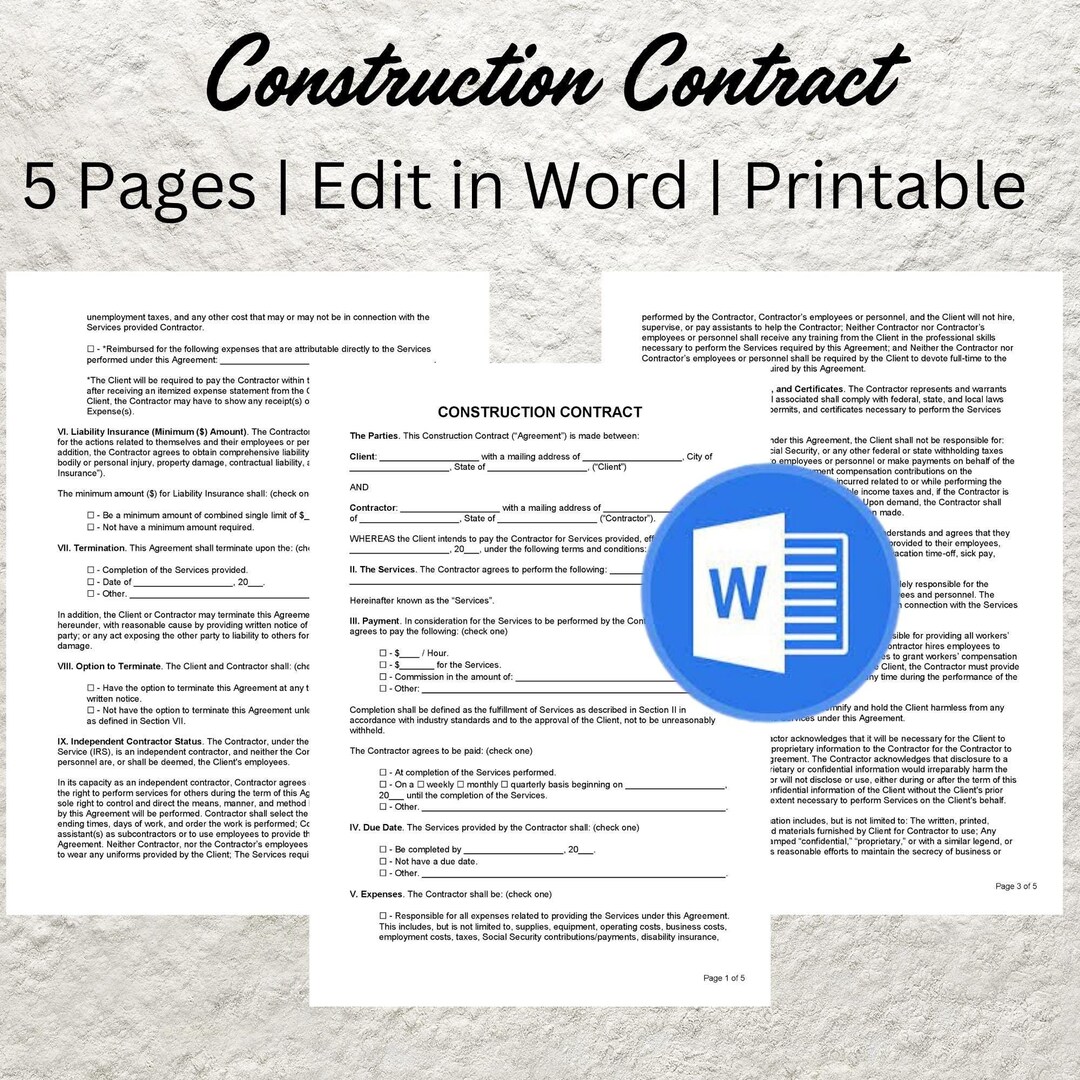 Editable Construction Contract Template: Contractor Agreement (word) - Etsy
