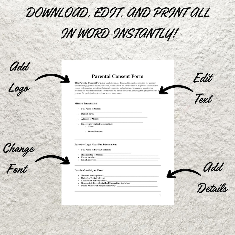 Editable Parental Consent Form Template (word) - Etsy