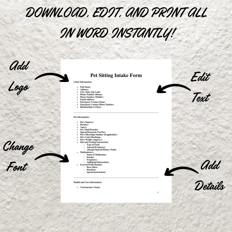 Pet Sitting Service Agreement/contract, Editable & Printable Pet ...