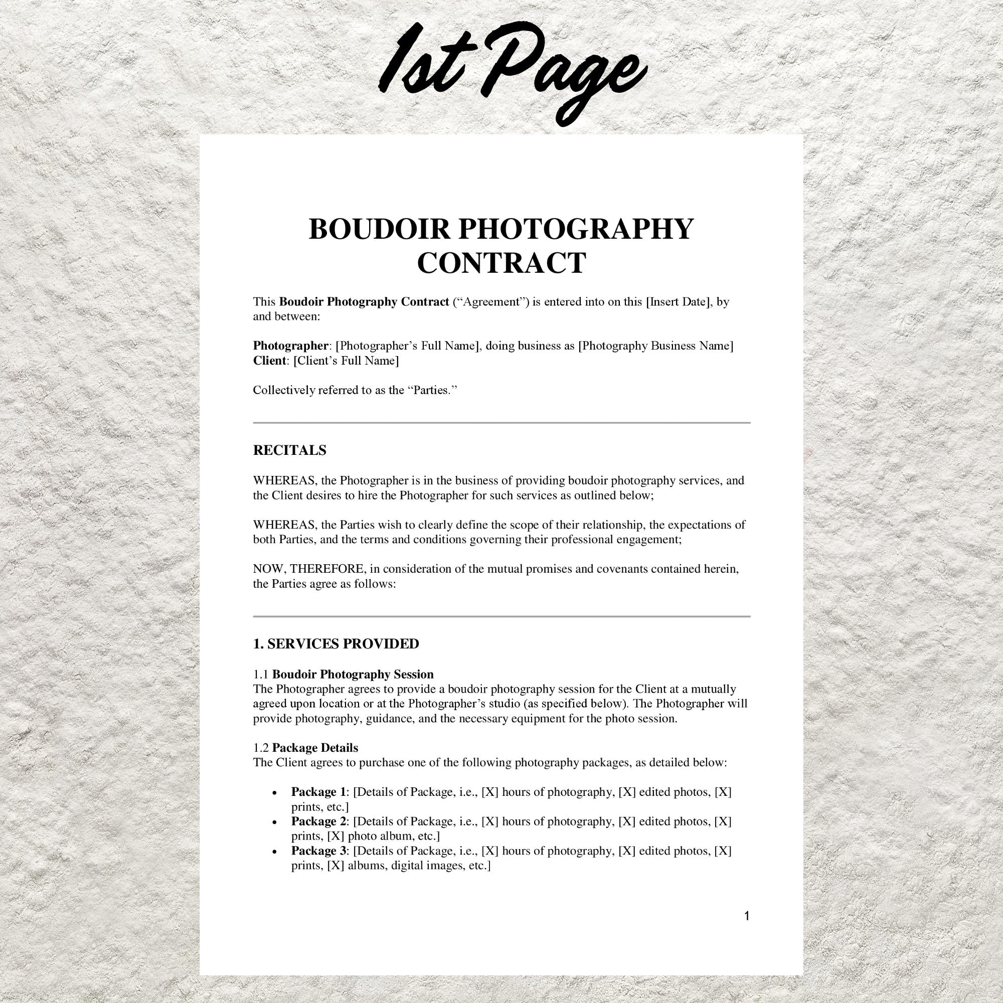 Boudoir Photography Client Contract Template Editable Boudoir Client
