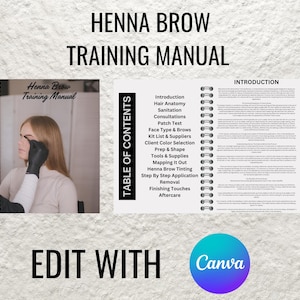 Op de afbeelding: Een trainingshandleiding voor henna wenkbrauwverven, met een inhoudsopgave met onderwerpen zoals introductie, haar anatomie, hygiëne, consulten, patchtest, gezichtsvorm & wenkbrauwen, kitlijst & leveranciers, klantkleurselectie, voorbereiding & vorm, gereedschap & benodigdheden, mapping, henna wenkbrauwverven, stapsgewijze toepassing, verwijdering, finishing touches en nazorg. De handleiding is getiteld "Henna Brow Training Manual" en bevat een foto van een vrouw die haar wenkbrauwen laat verven.
