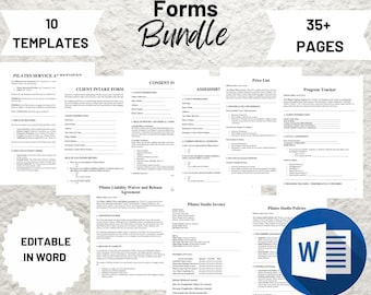 May include: A bundle of 10 printable Pilates studio forms in a Microsoft Word format. The forms include a client intake form, consent form, assessment form, price list, progress tracker, liability waiver and release agreement, studio invoice, and studio policies. The bundle includes 35+ pages.