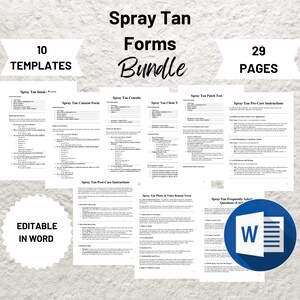 Spray Tan Forms Template Bundle | Editable Intake, Consent, Consultation & Aftercare Forms | Printable Spray Tanning Client Paperwork