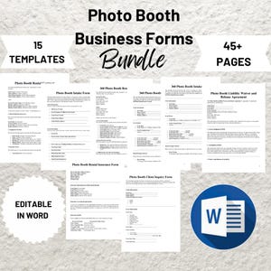 Op de afbeelding: Een bundel van 15 bewerkbare fotohokjes zakelijke formulieren in Microsoft Word-formaat. De formulieren omvatten een fotohokjes huurovereenkomst, een intakeformulier, een 360 fotohokjes huurovereenkomst, een aansprakelijkheidsverklaring en vrijgaveovereenkomst, een huurverzekeringsformulier en een klantvragenformulier. De bundel bevat meer dan 45 pagina's.