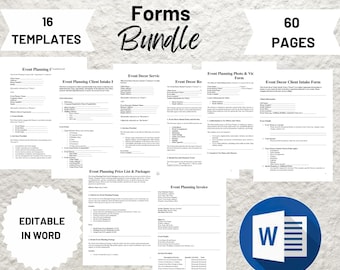 May include: A bundle of 16 printable event planning forms in a Microsoft Word format. The forms are designed to help event planners organize and manage events. The bundle includes forms for client intake, event decor, pricing, and invoices. The bundle contains 60 pages in total.